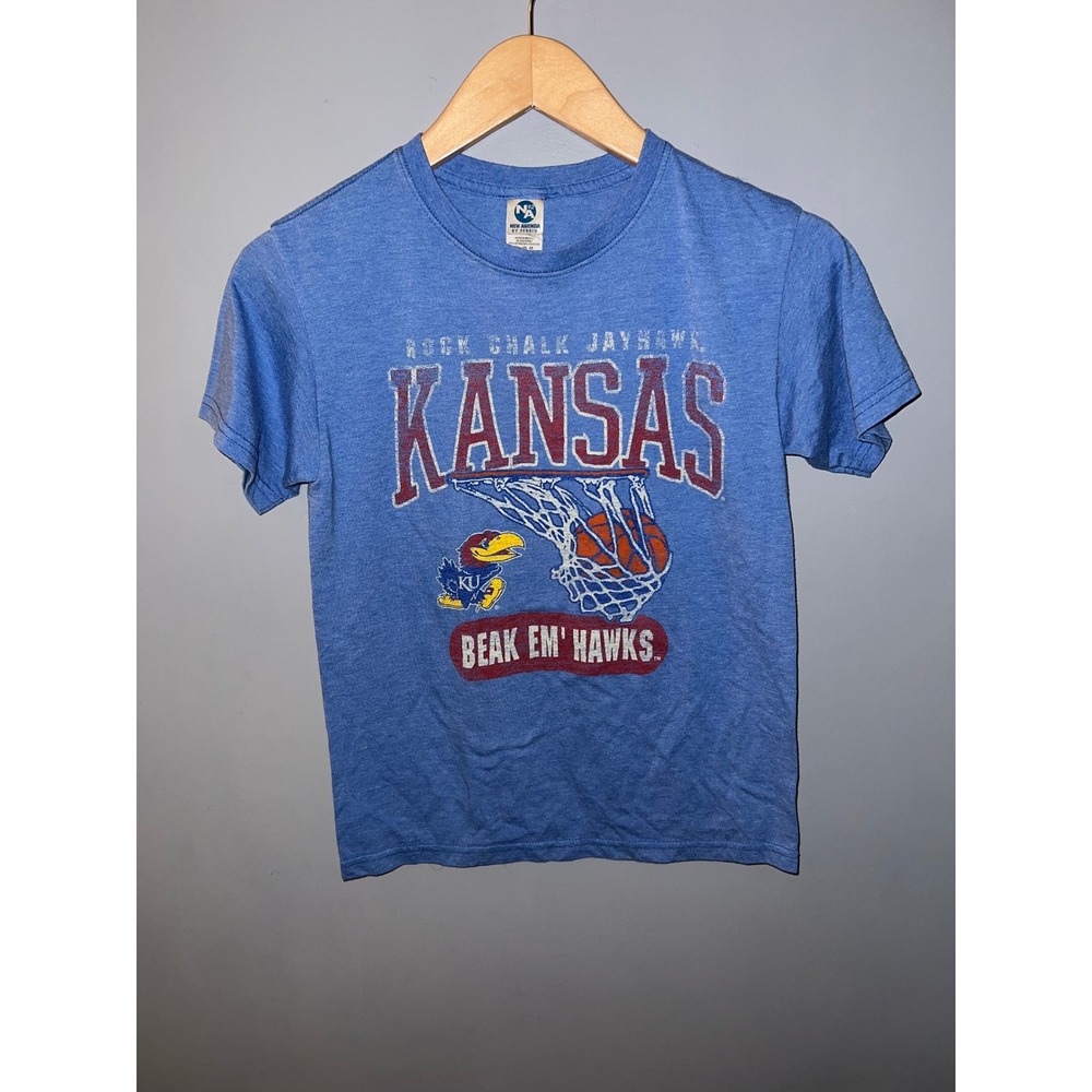 New Agenda Kansas Jayhawks Youth Medium T-Shirt Blue Basketball Beak Em Hawks